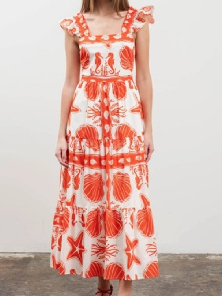 Moon River Coral And White Sea Life Maxi Dress (Size Small)